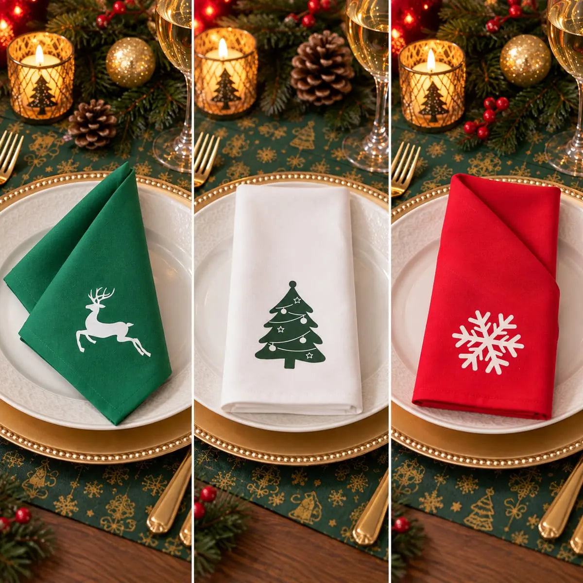 Serviette de Table de Noël en Coton - Vert, Rouge, Blanc ou Trio