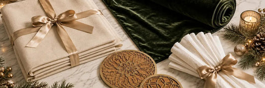Idées cadeaux arts de la table élégants : nappe ivoire emballée avec ruban doré, chemin de table velours vert, dessous de plat en liège et serviettes pliées dans un décor des fêtes