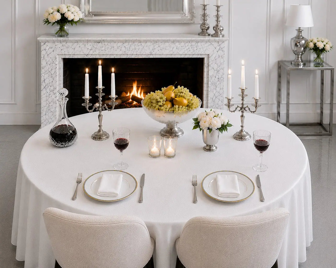 Centre de table élégant avec coupe en cristal, bougeoirs argentés et bouquet en timbale sur une table de dîner française