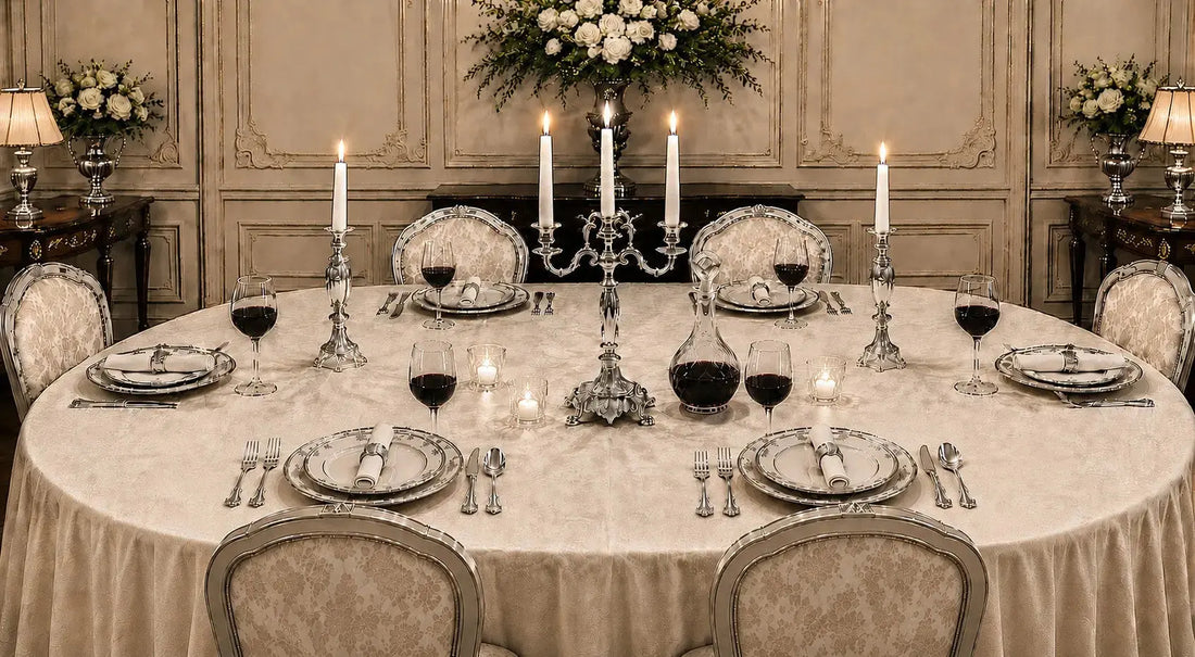Paire de flambeaux en argent et candélabre à trois branches sur une table de dîner élégante avec bougies allumées