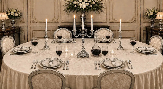 Paire de flambeaux en argent et candélabre à trois branches sur une table de dîner élégante avec bougies allumées