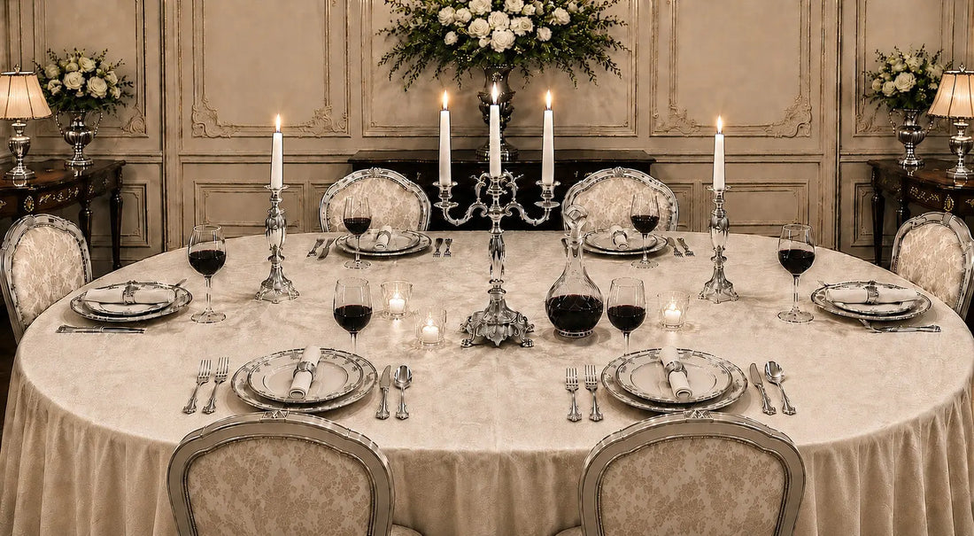 Paire de flambeaux en argent et candélabre à trois branches sur une table de dîner élégante avec bougies allumées