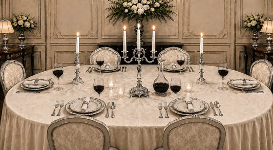 Paire de flambeaux en argent et candélabre à trois branches sur une table de dîner élégante avec bougies allumées