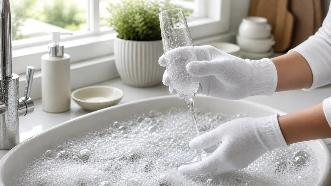 Comment laver ses verres en cristal : mains gantées nettoyant délicatement un verre en cristal 