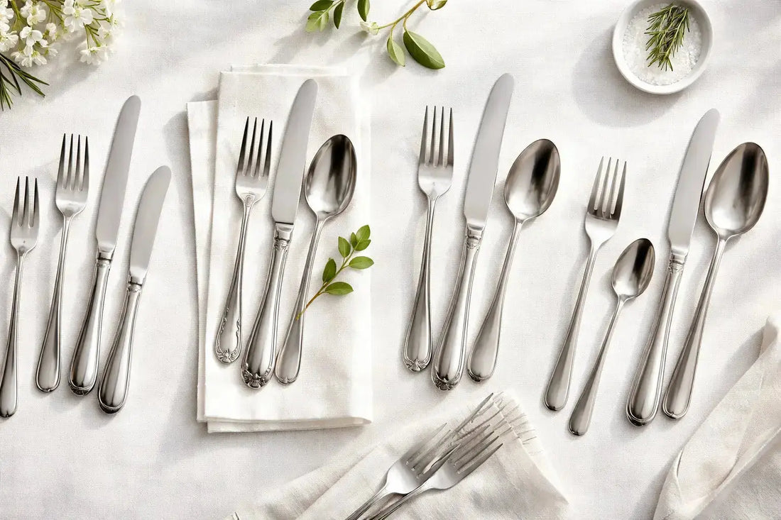 Ensemble de couverts de table élégants en argent et acier inoxydable disposés sur une nappe blanche