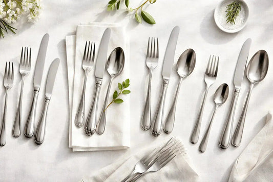 Ensemble de couverts de table élégants en argent et acier inoxydable disposés sur une nappe blanche