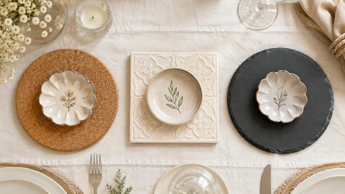Trois dessous de plat en liège, céramique et ardoise sur une table élégante