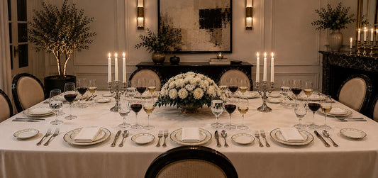 Table dressée à la française pour un dîner élégant avec nappe blanche, vaisselle en porcelaine, couverts argentés et bougeoirs