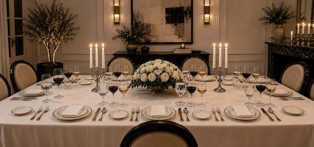 Table dressée à la française pour un dîner élégant avec nappe blanche, vaisselle en porcelaine, couverts argentés et bougeoirs