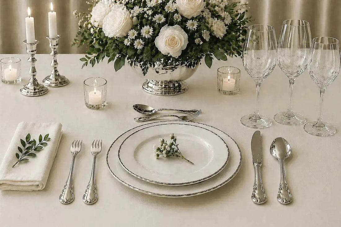 Table formelle élégamment dressée avec couverts en argent, verres en cristal et serviettes pliées sur nappe blanche