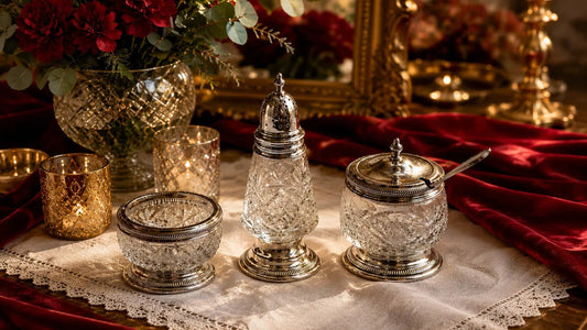 Ensemble salière, poivrière et moutardier en cristal et métal argenté sur napperon de lin blanc, arts de la table élégants