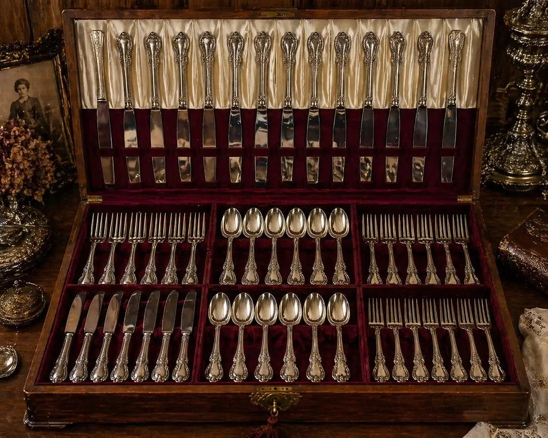  Ménagère en argent ancienne ouverte dans son écrin en velours bordeaux, couverts Christofle style Louis XVI sur fond sombre élégant