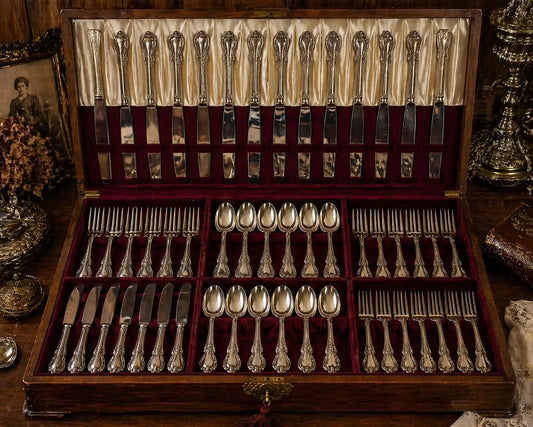  Ménagère en argent ancienne ouverte dans son écrin en velours bordeaux, couverts Christofle style Louis XVI sur fond sombre élégant