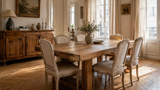 Salle à manger élégante avec table en bois massif, chaises rembourrées et buffet vintage — mobilier salle à manger