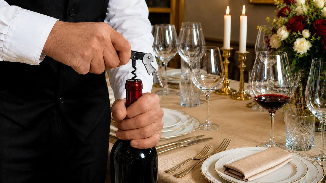 Mains tenant un tire-bouchon de sommelier pour ouvrir une bouteille de vin rouge sur une table dressée