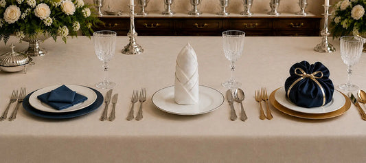 Trois pliages de serviettes originaux sur table élégante : épi de blé debout, diamant géométrique et présent cadeau