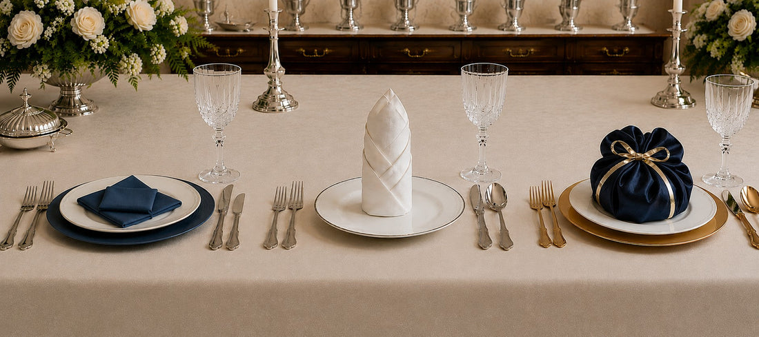 Trois pliages de serviettes originaux sur table élégante : épi de blé debout, diamant géométrique et présent cadeau