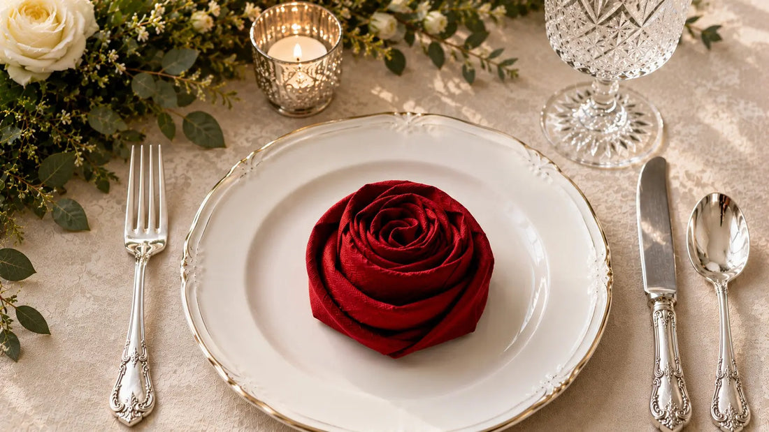 Serviette en lin rouge pliée en forme de rose posée sur une assiette blanche pour un dressage de table élégant