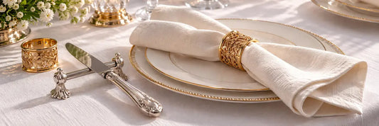 Porte-couteaux en métal argenté et ronds de serviette en laiton doré sur table élégante dressée avec nappe de lin blanc