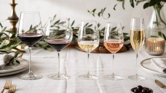 Guide complet : quel verre pour quel vin — alignement de verres à vin rouge, blanc, rosé et champagne sur une table élégante