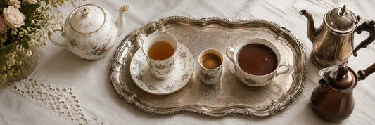 Service à thé, cafetière et chocolatière en porcelaine sur plateau argenté, art de la table à la française