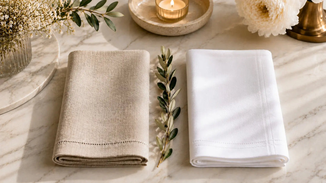  Comparaison côte à côte d’une serviette en lin et d’une serviette en coton pliées sur marbre blanc