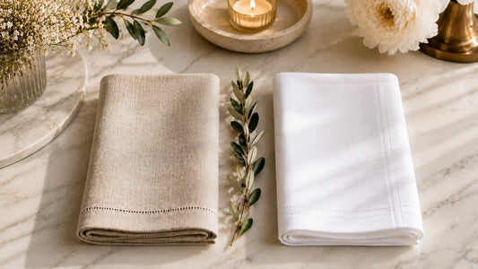  Comparaison côte à côte d’une serviette en lin et d’une serviette en coton pliées sur marbre blanc