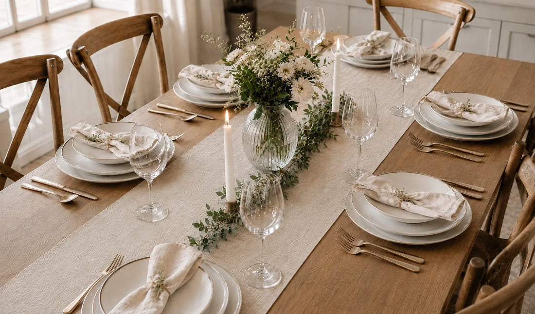 Table dressée avec un chemin de table en lin beige, exemple de décoration élégante