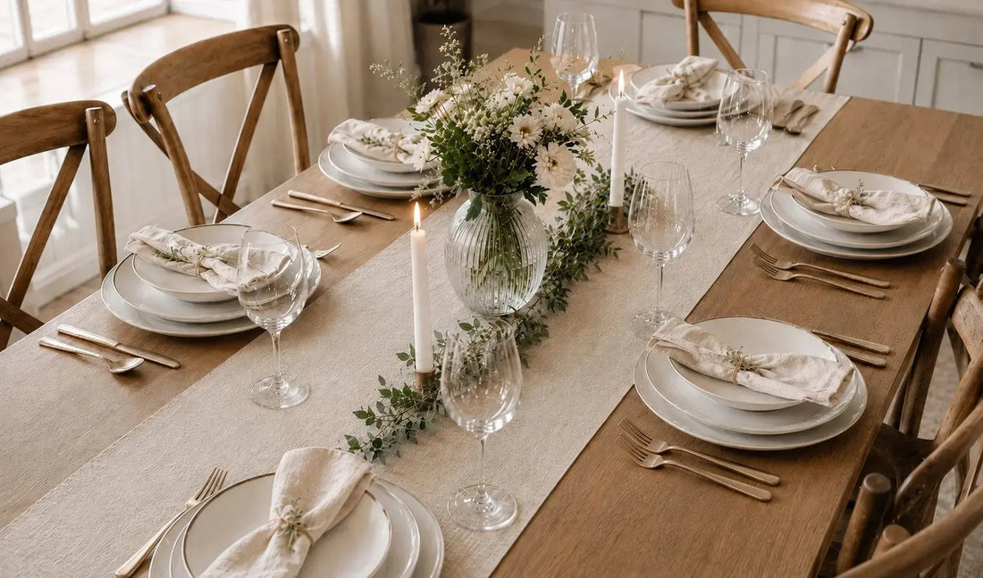 Table dressée avec un chemin de table en lin beige, exemple de décoration élégante