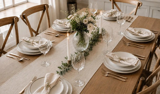 Table dressée avec un chemin de table en lin beige, exemple de décoration élégante