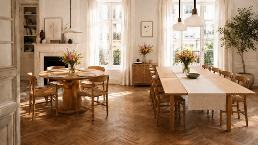 Comparaison table à rallonge et table fixe ronde dans une salle à manger lumineuse de style contemporain