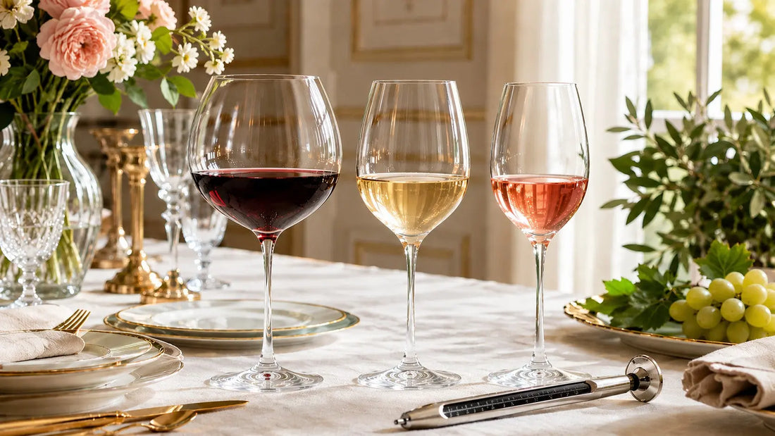Trois verres de vin : rouge, blanc et rosé à côté d'un thermomètre à vin sur une table élégamment dressée