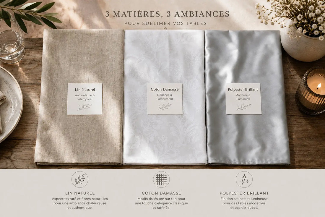 Comparatif de trois nappes côte à côte : lin naturel, coton damassé et polyester gris