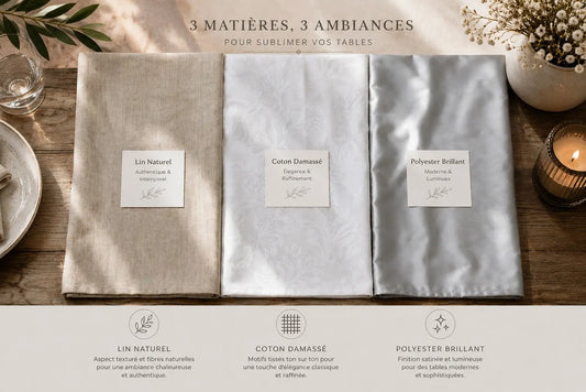 Comparatif de trois nappes côte à côte : lin naturel, coton damassé et polyester gris