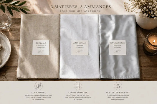 Comparatif de trois nappes côte à côte : lin naturel, coton damassé et polyester gris