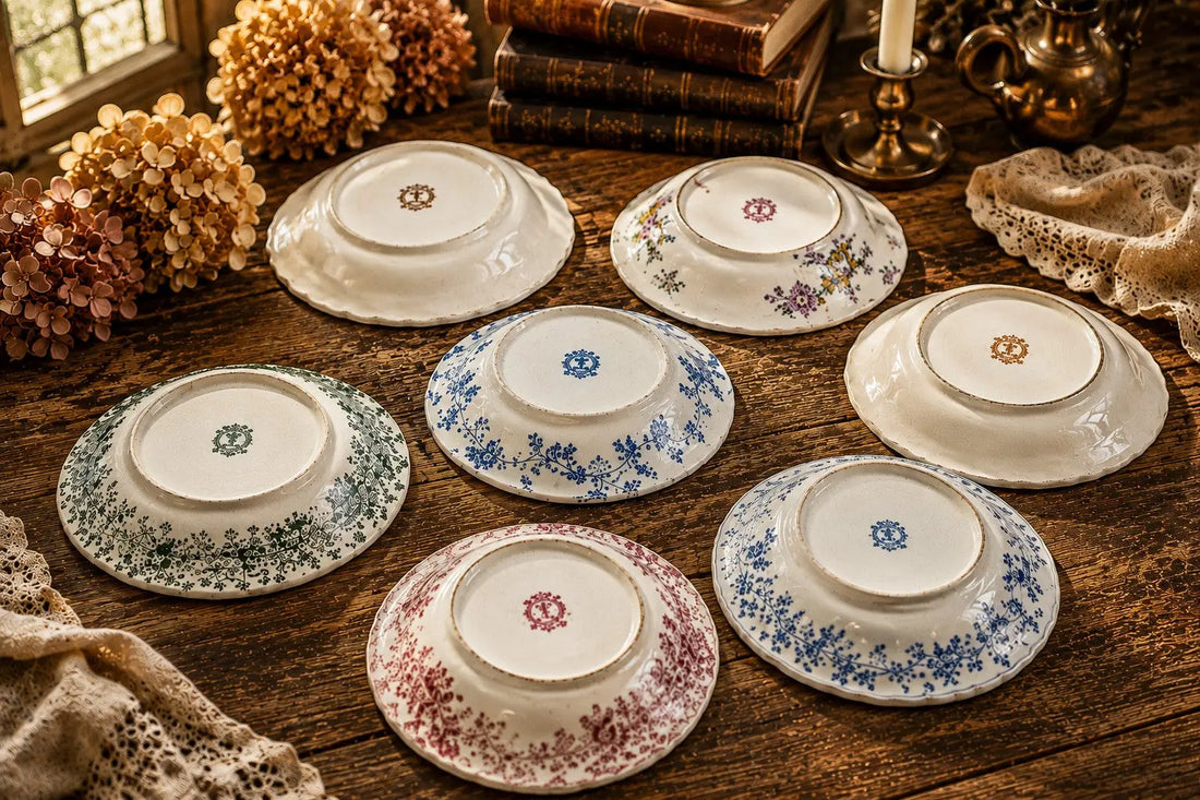 Assiettes anciennes en porcelaine et faïence retournées montrant leurs marques de manufacture