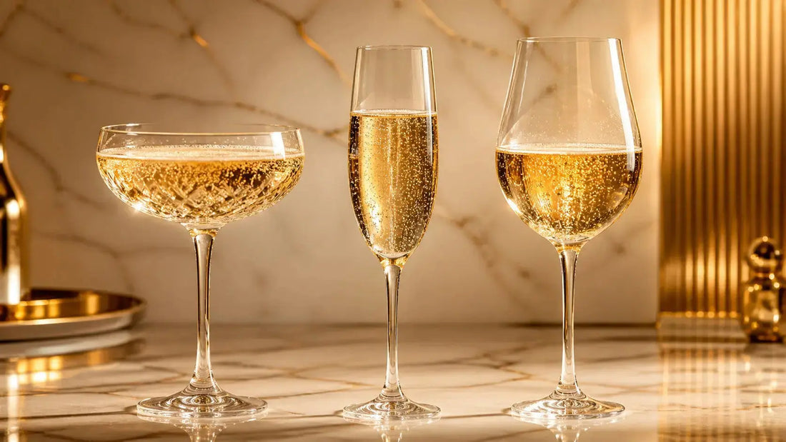 Comparatif des trois verres à champagne : coupe évasée, flûte élancée et tulipe intermédiaire alignées sur une table de fête 