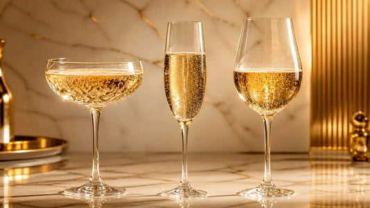 Comparatif des trois verres à champagne : coupe évasée, flûte élancée et tulipe intermédiaire alignées sur une table de fête 