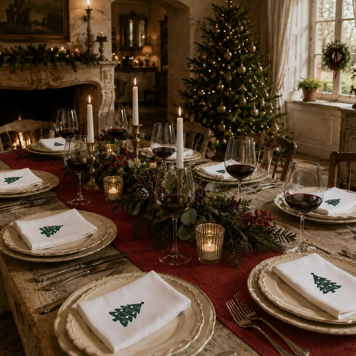 Serviette de Table de Noël en Coton - Vert, Rouge, Blanc ou Trio