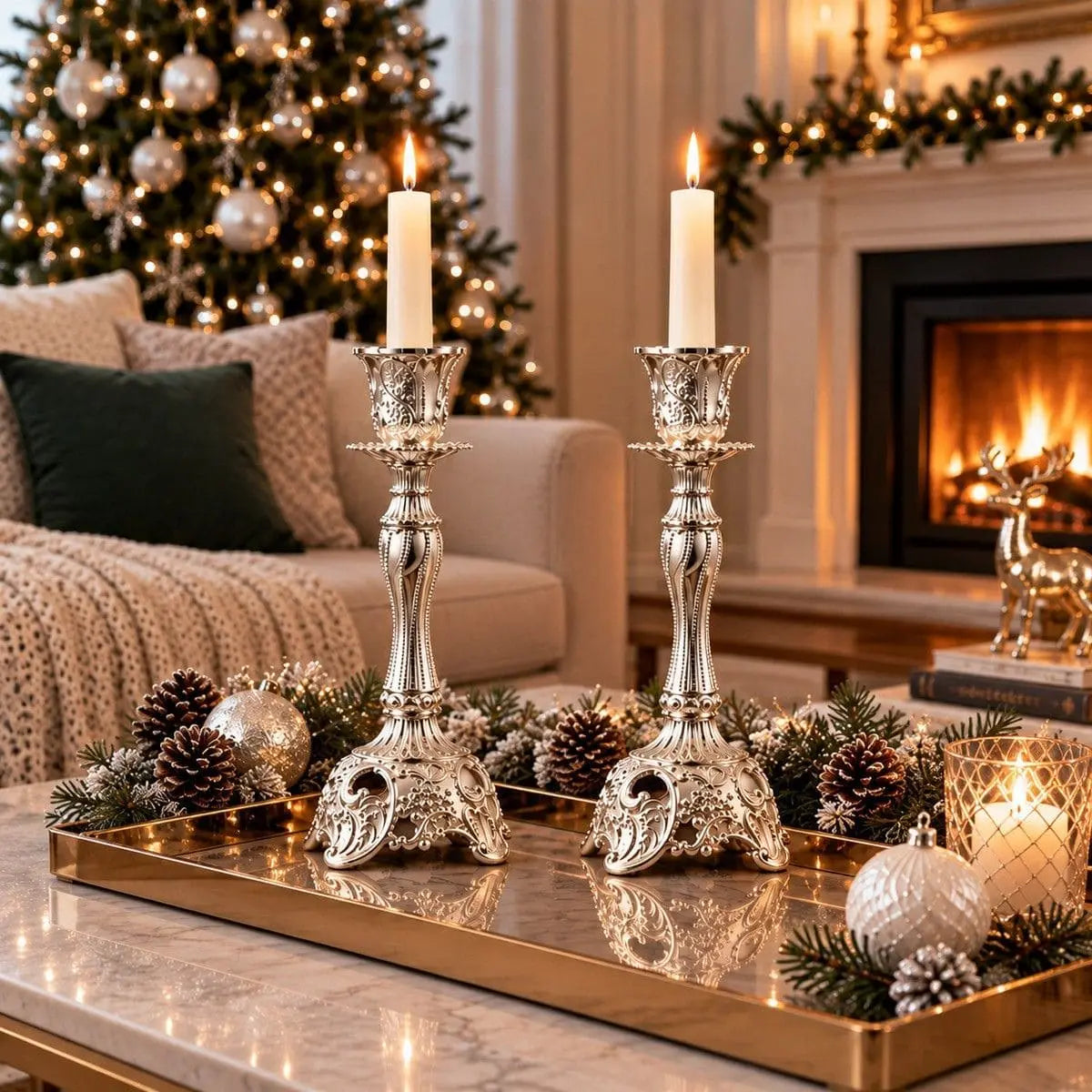 Paire de bougeoirs baroques vintage argentés avec chandelles allumées devant une cheminée et sapin décoré pour Noël