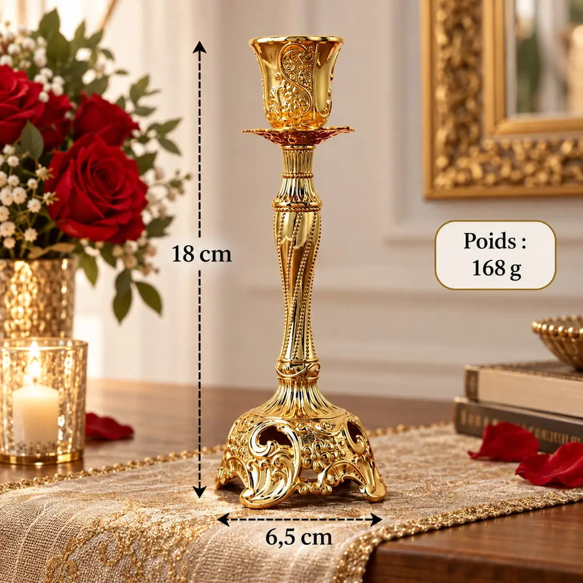 Dimensions du bougeoir baroque vintage doré : 18 cm de hauteur, 6,5 cm de largeur, 168 g