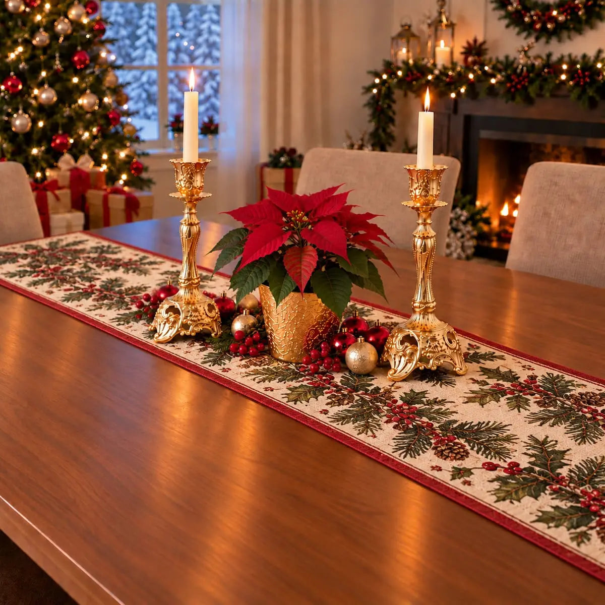 Paire de bougeoirs baroques vintage dorés encadrant un poinsettia sur une table de Noël dressée près d'un foyer