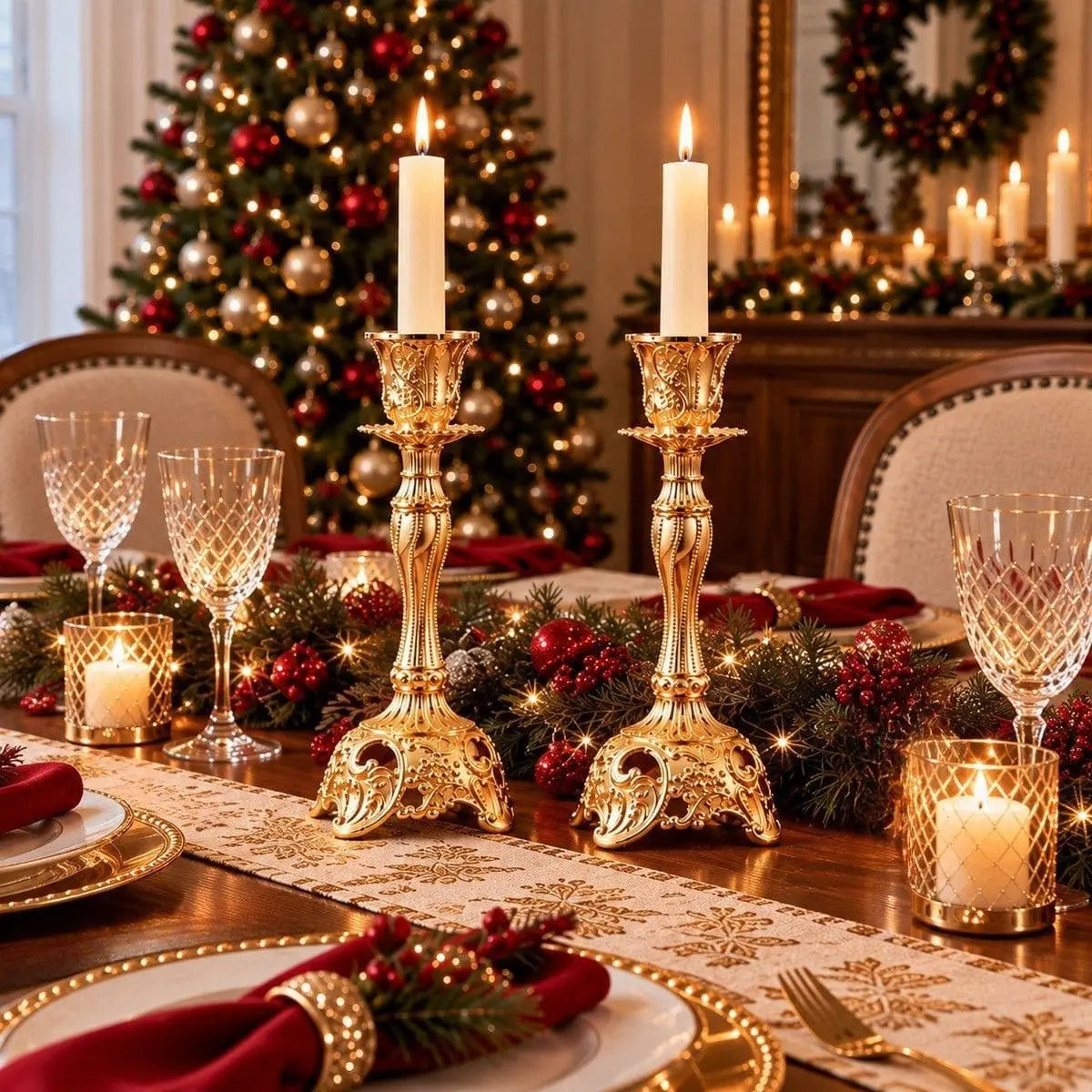 Paire de bougeoirs baroques vintage dorés en centre de table pour un repas de Noël élégant