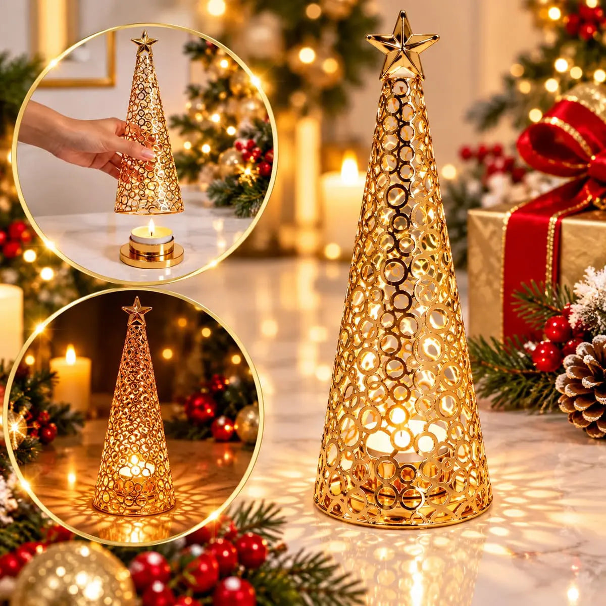 Bougeoir sapin de Noël doré soulevé de sa base amovible pour allumer la bougie chauffe-plat, puis illuminé
