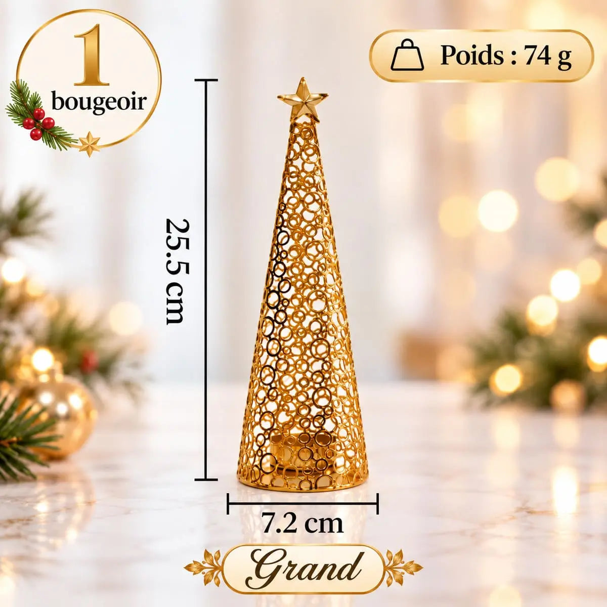 Bougeoir sapin de Noël doré en métal ajouré, grand modèle de 25,5 cm de haut