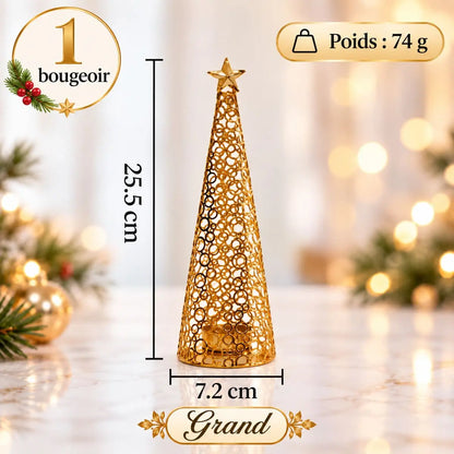 Bougeoir sapin de Noël doré en métal ajouré, grand modèle de 25,5 cm de haut