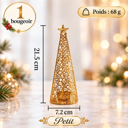 Bougeoir sapin de Noël doré en métal ajouré, petit modèle de 21,5 cm de haut