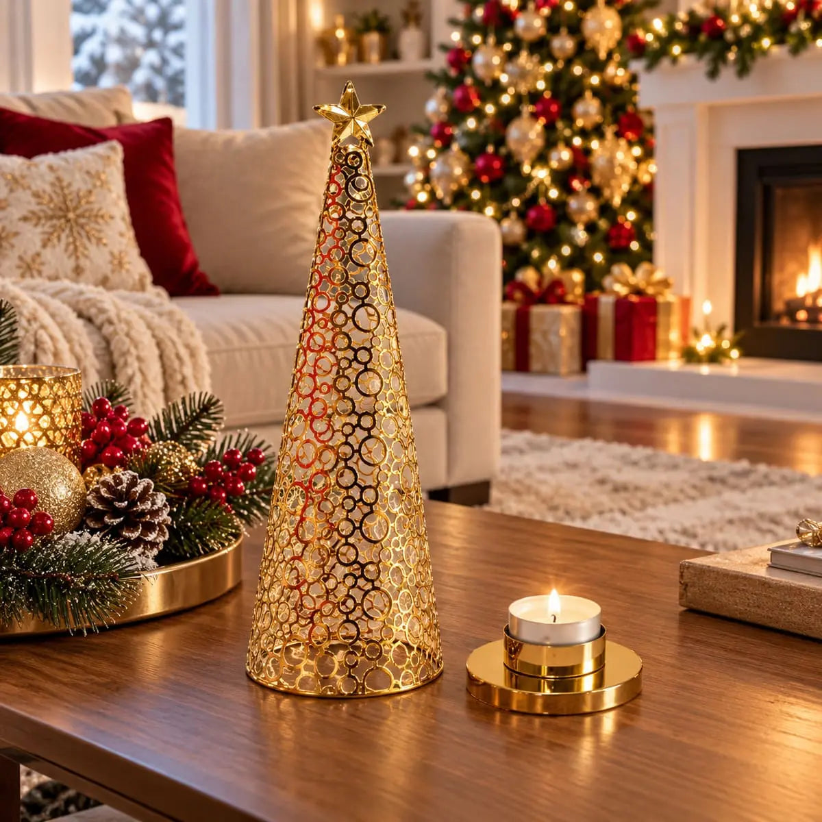 Bougeoir sapin de Noël doré et sa coupelle avec bougie chauffe-plat sur une table basse de salon