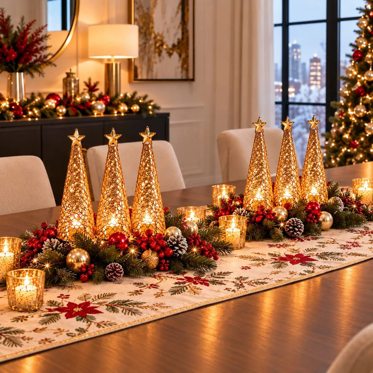 Six bougeoirs sapin de Noël dorés allumés en centre de table sur un chemin de table brodé