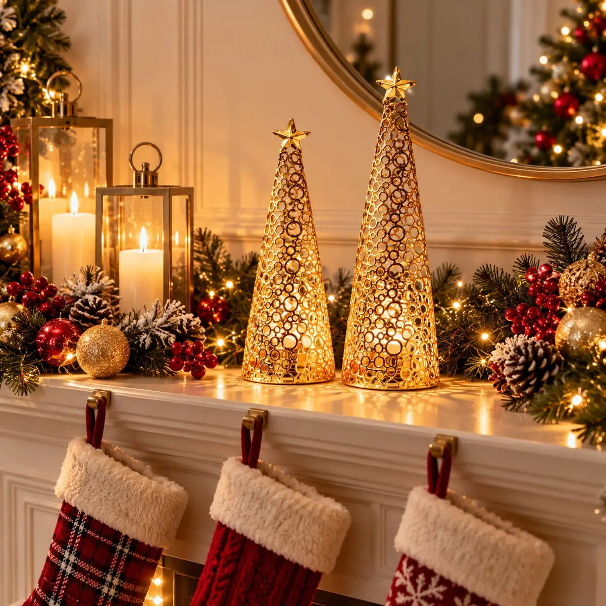 Deux bougeoirs sapin de Noël dorés allumés sur un manteau de cheminée orné de bas de Noël